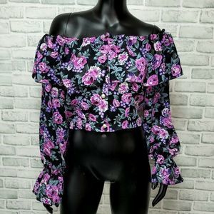 Vintage 90s Sauci Size M Floral Chiffon Off‎ the Shoulders Long Sleeve Crop Top